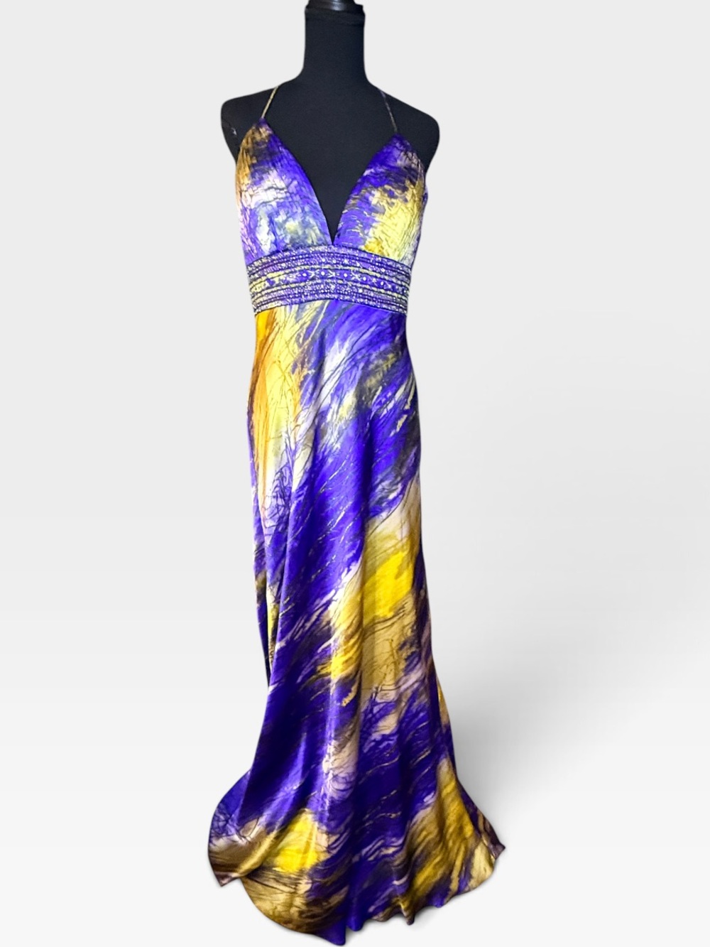 Stunning Camille La Vie Purple & Gold Watercolor Beaded Halter Open Back Gown